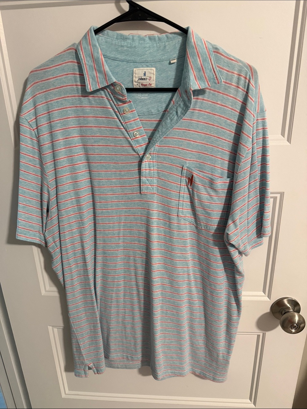johnnie-O Light Blue Polo with Pink and White Stripes